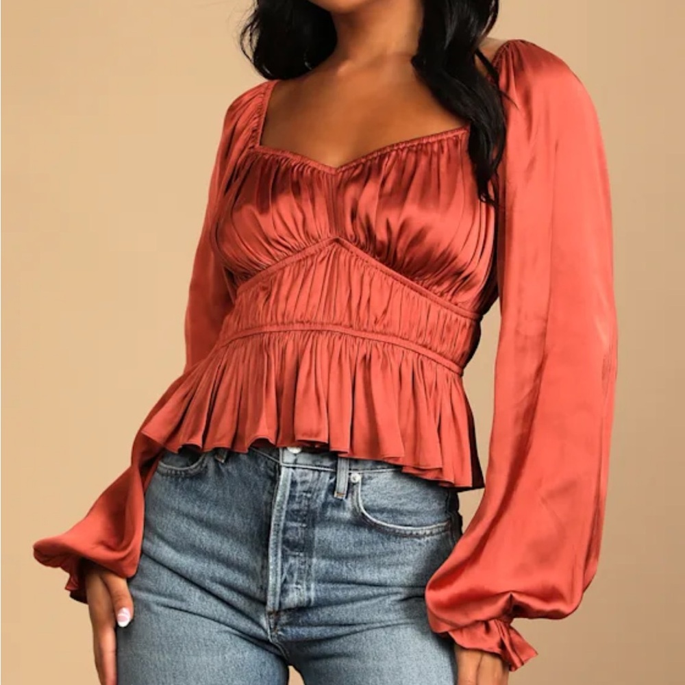 Lulu's Sophisticate Rust Brown Satin Ruched Long Sleeve Top